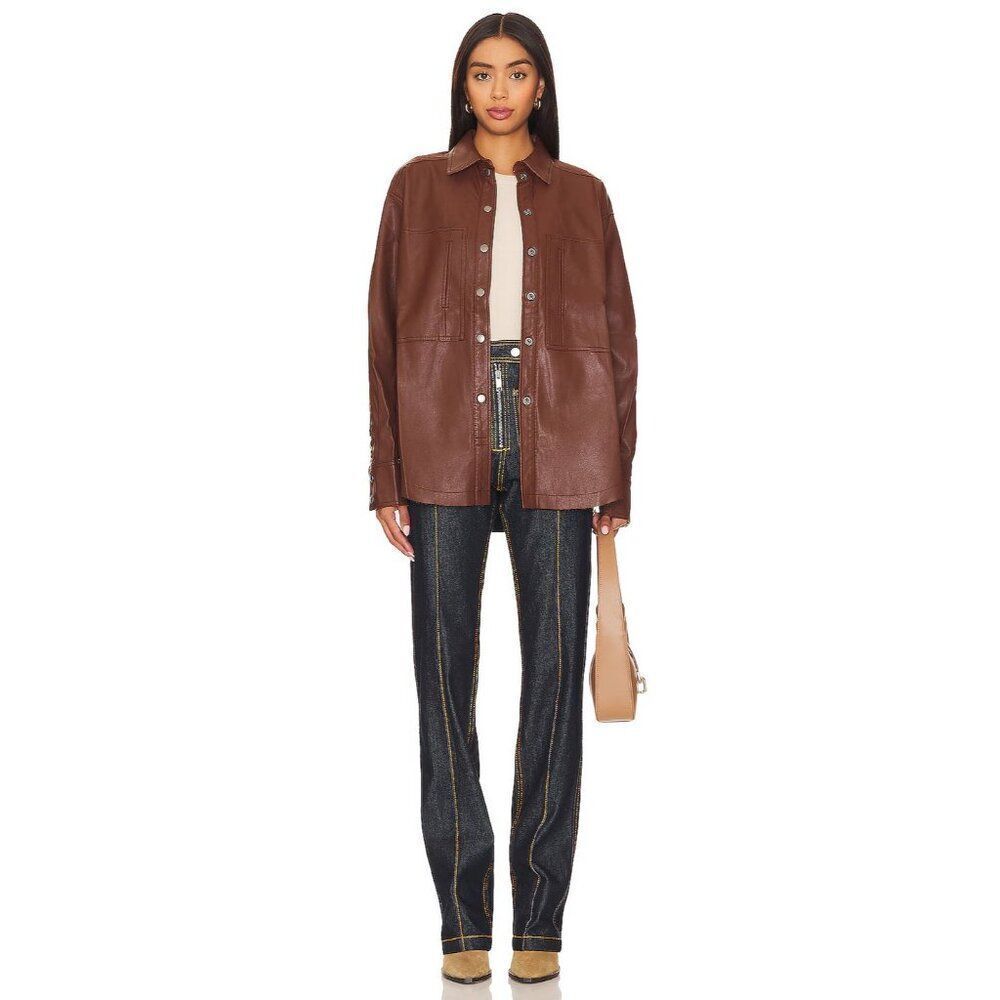 Free People Easy Rider Faux Leather Shirt Jacket Womens Small Brown Desert Topaz - Picture 4 of 9